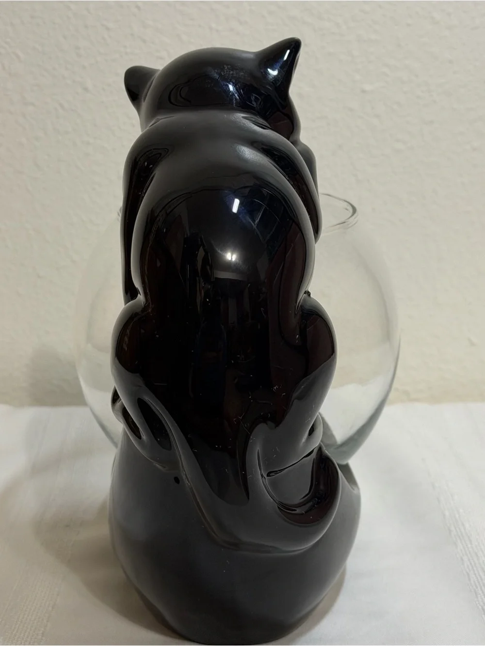 Mid Century Modern Ceramic Black Cat Staring Into Fish Bowl